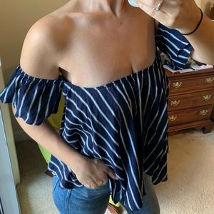 Navy and white striped strapless top